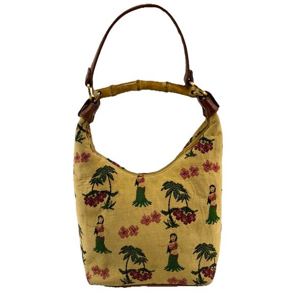 Sunny Hawaii Hula Girl Tapestry Bamboo Handle Shoulder Bag Brown Leather 12x9 - Picture 1 of 16